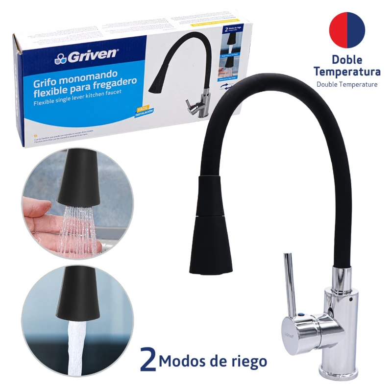 Grifo monomando negro cuello flexible para fregadero